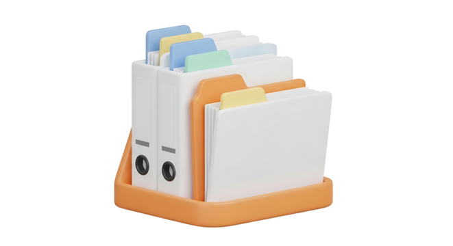 Office organization and data management concept with 3D file folders and binders in a holder on a white background.