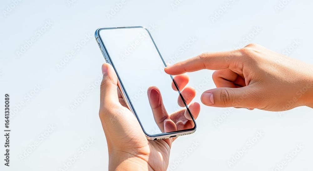 Poster modern smartphone device with person's finger touching the screen, featuring a sleek design and user