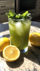 Fototapeta premium Refreshing Iced Matcha Lemonade with Mint