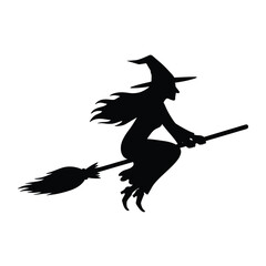 Silhouette of a witch flying on a broomstick holding a lantern, isolated on white background
