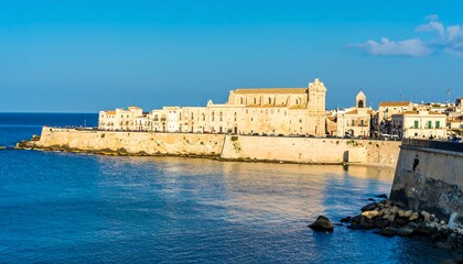 Coastal town with church and walls