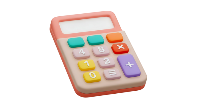 Vibrant 3D calculator illustration in pastel colors, symbolizing financial accounting, mathematical education, and business calculations.