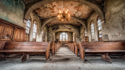 Interior View of an Old Abandoned Church with Wooden Pews and a Grand Chandelier, Featuring Decayed Architecture