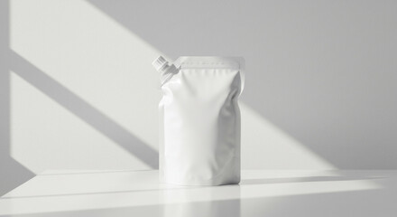 Blank White Spout Pouch Mockup with Sunlight and Abstract Shadows