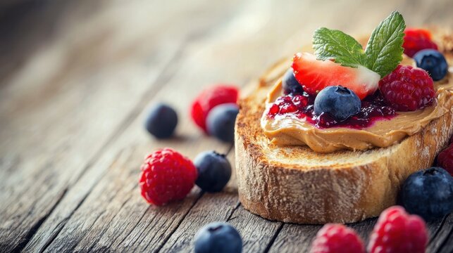 Perfectly plated toast with peanut butter and fresh berries garnished with mint on a rustic wooden table