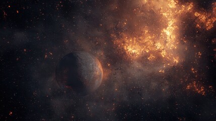 Burning planet engulfed by flames and cosmic debris in a vast, dark space
