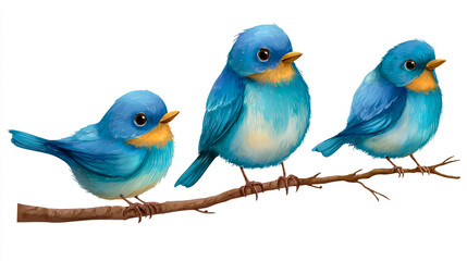 Three cartoon blue birds sitting on branches, flying in the sky and perched
