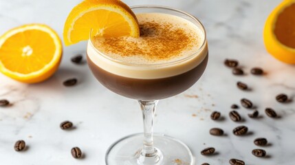Layered coffee cocktail in crystal glass with slices of orange and coffee beans on a white marble surface