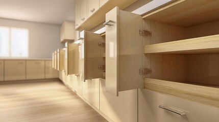 Modern Kitchen Cabinetry with Open Drawers, Light Wood Finish, Interior Design, and Storage Solutions