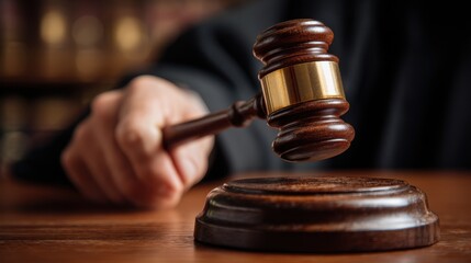 A judge is holding a wooden gavel above a sounding block. Justice and court ruling concept. Legal law business.