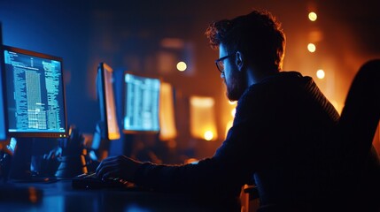Young man, programming or gaming at computer. Hacker or developer working late at night. Dark room with bright screens showing code.