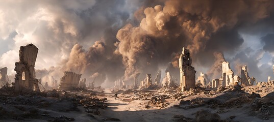 Explore post apocalyptic wasteland landscape with ruins and smoke, desolate destroyed city aftermath concept art