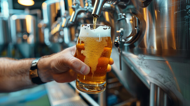 Pouring fresh draft beer into glass from tap in modern brewery. Beer production concept - Powered by Adobe