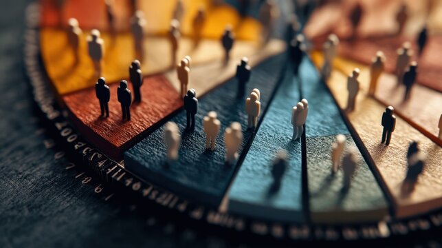 Colorful representation of community dynamics on a circular board with miniature figures highlighting social interactions and group segmentation