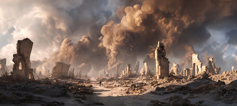 Explore post apocalyptic wasteland landscape with ruins and smoke, desolate destroyed city aftermath concept art - Powered by Adobe