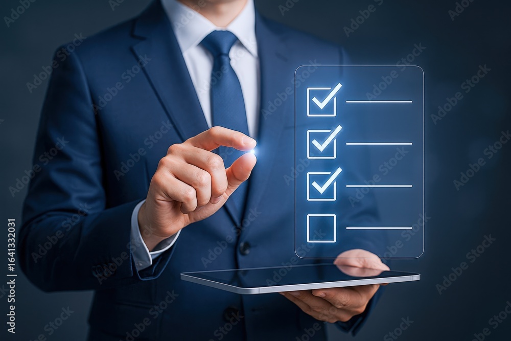 Poster businessman using digital checklist on tablet with virtual interface for task management and efficie