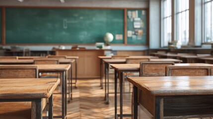 Empty classroom with rows of wooden desks and a green chalk board. School education environment background for learning concept.