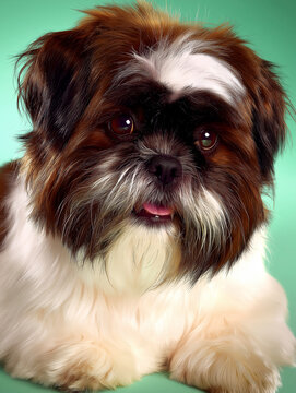 Portrait of a happy Shih Tzu dog lying relaxed on a mint background