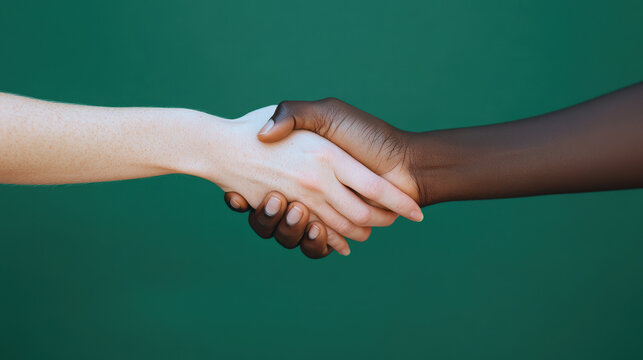 Two people shaking hands showing unity and cooperation with contrasting skin tones on green background