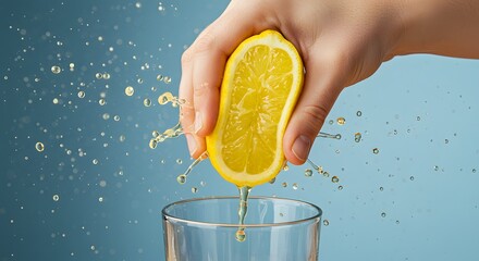 Hand squeezing a lemon over a glass, citrus juice concept