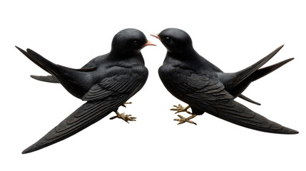 Obraz premium Two Black Swallows in Conversation: A pair of glossy black swallows engage in a moment of connection, their forms perfectly captured in a studio setting, with an intimate view.