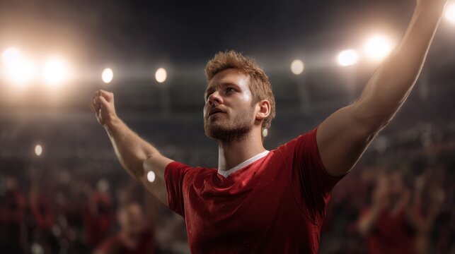 Happy Caucasian man football player celebrating goal on sport stadium. Successful athlete with arms raised, cheering and winning.