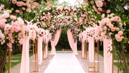 Pink floral arch wedding aisle