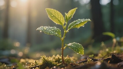 Young plant sprouting in a forest with dew drops, illuminated by morning sunlight.