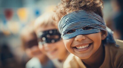 Children smiling during a playful outdoor festival with colorful decorations