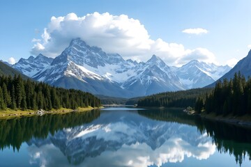 Majestic mountain range reflecting in a serene lake on a clear sunny day in the Canadian wilderness