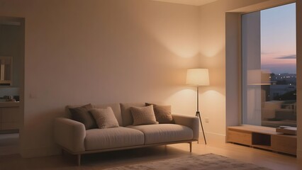 Modern living room with a cozy sofa, floor lamp, and large window overlooking the city at dusk
