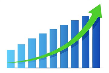 Green arrow curving upwards over blue bar graph showing financial growth