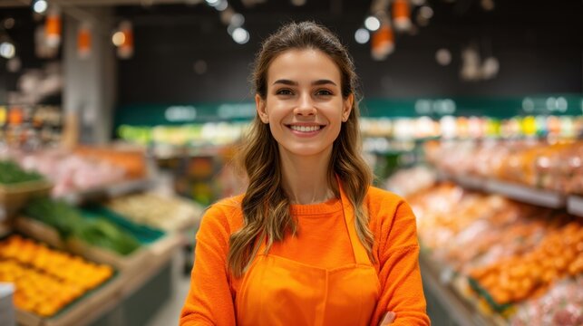A smiling woman cashier or shop assistant wearing an orange uniform and apron standing with crossed arms in a grocery store or supermarket.