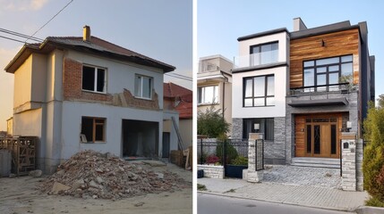 House before and after renovation, demonstrating a stunning transformation. Property development and home improvement concept.