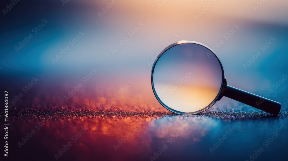 Poster magnifying glass rests on a textured surface illuminated by colorful light