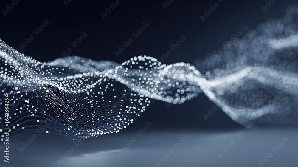 Poster Abstract particle wave background with shimmering dots and soft depth of field for technology designs