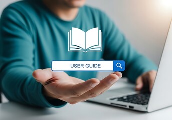 Person holding digital manual search bar guide technology