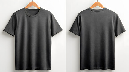 Charcoal gray t-shirt mockup is hanging on a wooden hanger against a white background, showcasing the front and back views with ample copy space available
