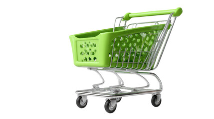 Green Shopping Cart: A vibrant green shopping cart, a symbol of consumerism and modern convenience. It's a visual representation of retail experiences.