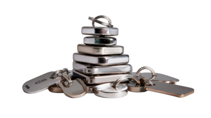 Key Rings and Tags : A collection of sleek, metallic key rings and tags, arranged to showcase both individual forms and their collective allure, symbolizing security and access.