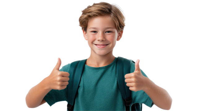 Schoolboy's Thumbs Up: A young boy, brimming with joy and enthusiasm, gives a double thumbs up. He wears a backpack, and is ready for school.
