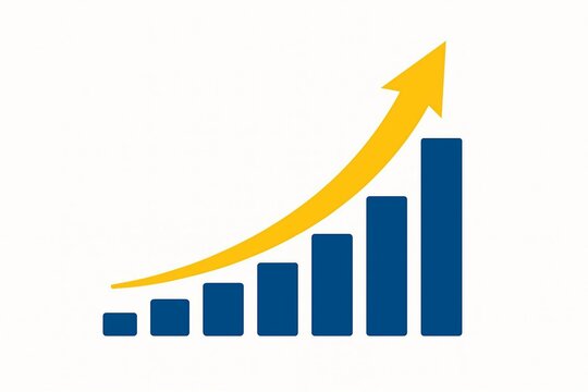 Blue bar graph with upward trending yellow arrow indicating growth