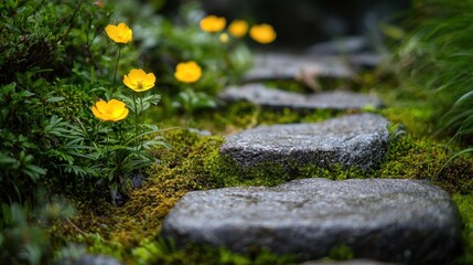 Beautiful yellow flowers bloom alongside stone steps in a lush garden during springtime, creating a serene and inviting atmosphere