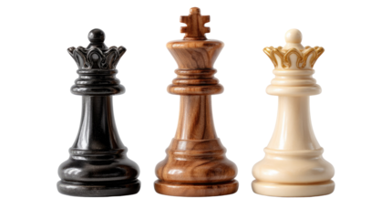 Chess Trio: Capturing the elegant details of a chess king, a queen, and another queen, in a high-angle shot, highlighting their strategic significance