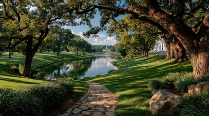 Obraz premium Serene park path meanders through lush green landscape, reflecting in tranquil water