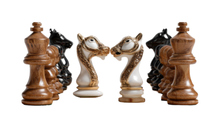 Chessboard Confrontation: A close-up shot captures the strategic tension of a chessboard. The regal kings, powerful knights, and other chess pieces stand poised for battle, symbolizing strategy.