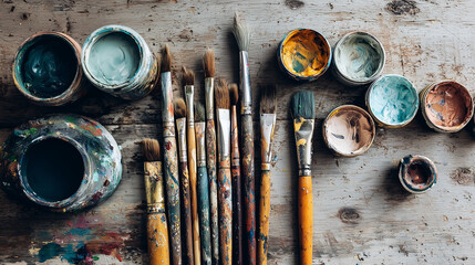 Flat lay creative artist desk with brushes and paint