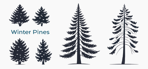 Obraz premium Collection of dark blue pine tree silhouettes with varying shapes and sizes on a white background