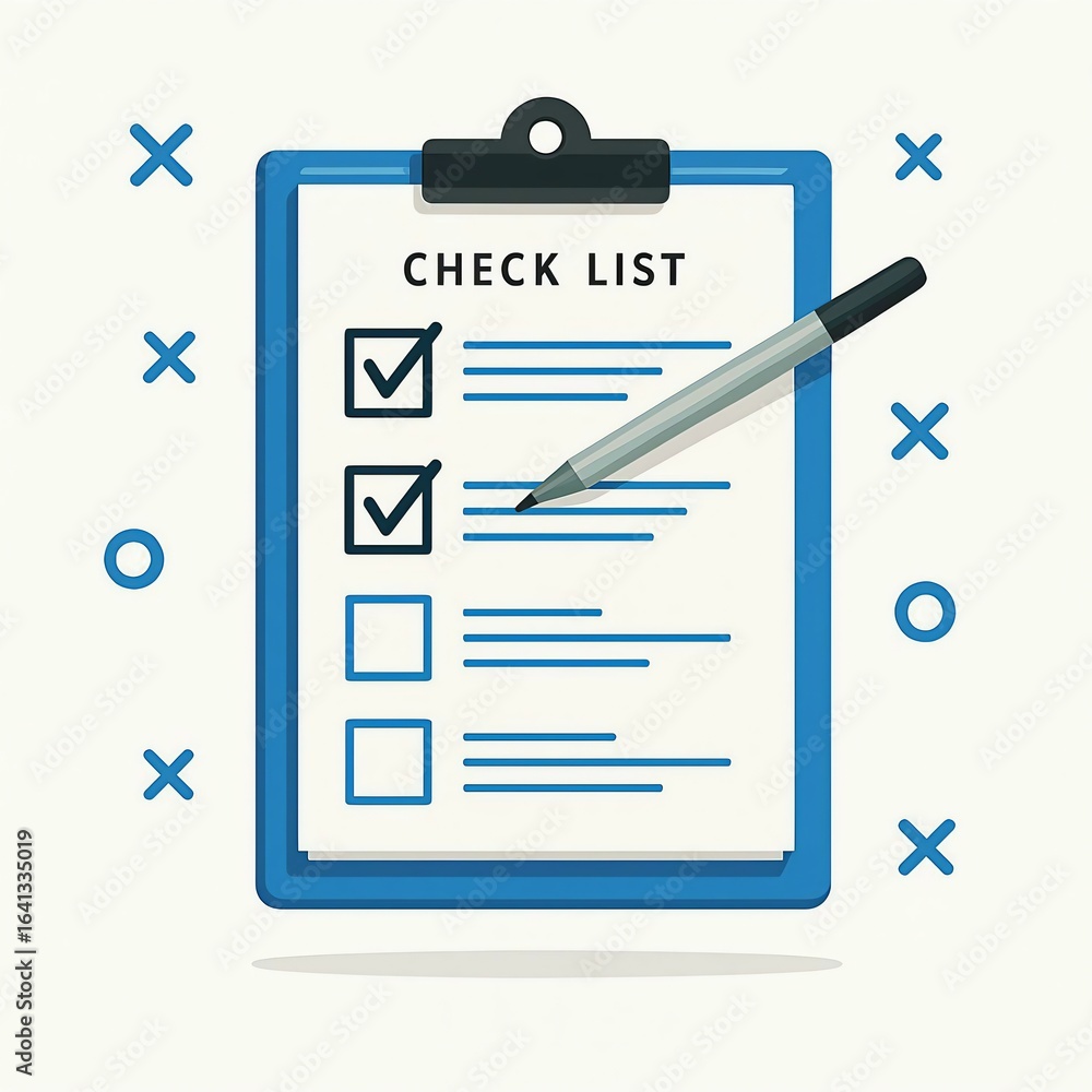 Poster clipboard with checklist and pen two items marked complete