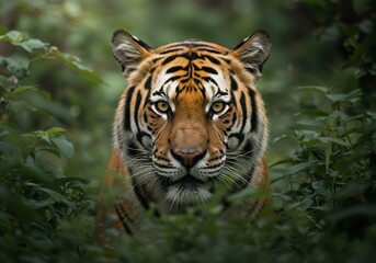 Fototapeta premium Majestic Tiger Emerging from Lush Green Foliage